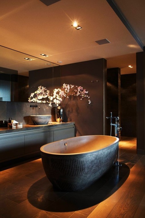 Chocolate bathroom with leather tub