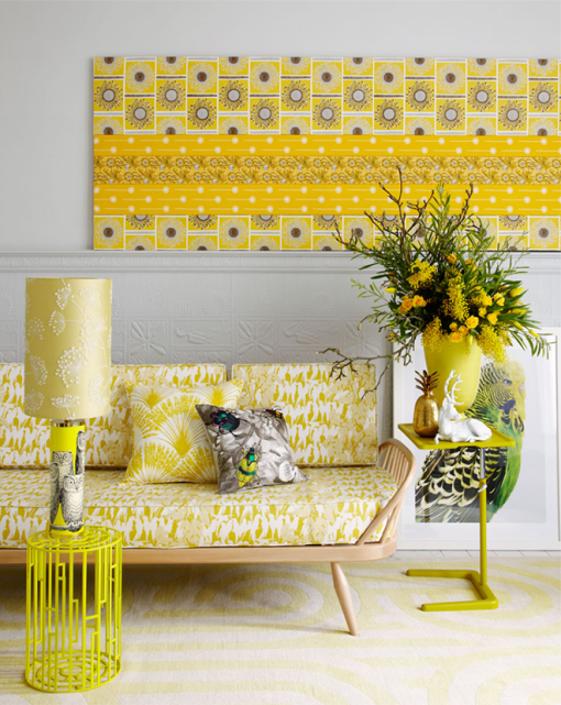Yellow wall decor and cushions 