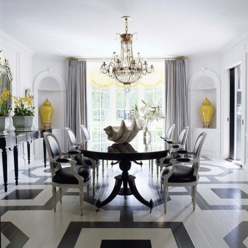 Mary McDonald blk & wht geometric painted dining room floor