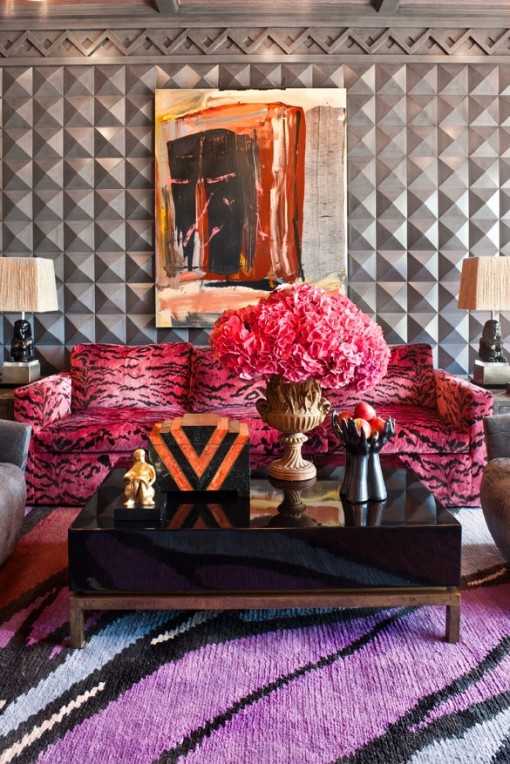 Kelly Wearstler Living room withpink tiger print