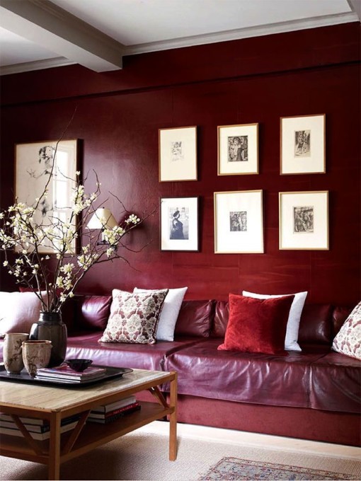 Living room with leather sofa Marsala
