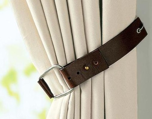 Leather belt as tie back for drapes - Safari chic