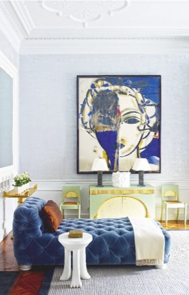 Blue living room w large portrait